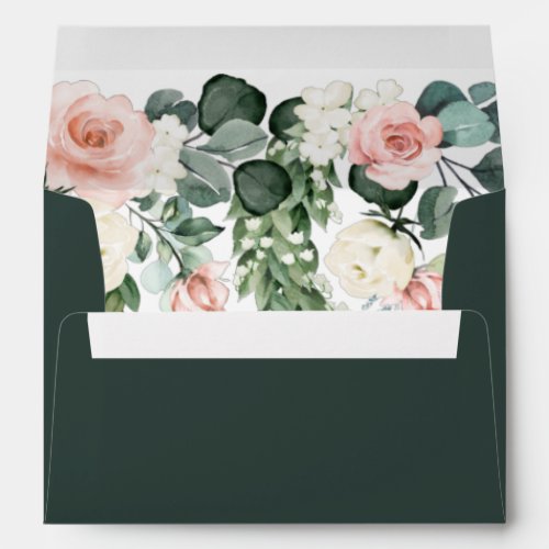 Emerald Green Pink Floral Rose Watercolor Wedding Envelope