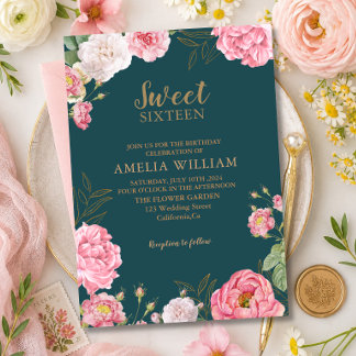 Emerald Green Pink Floral Sweet 16 Birthday Invitation
