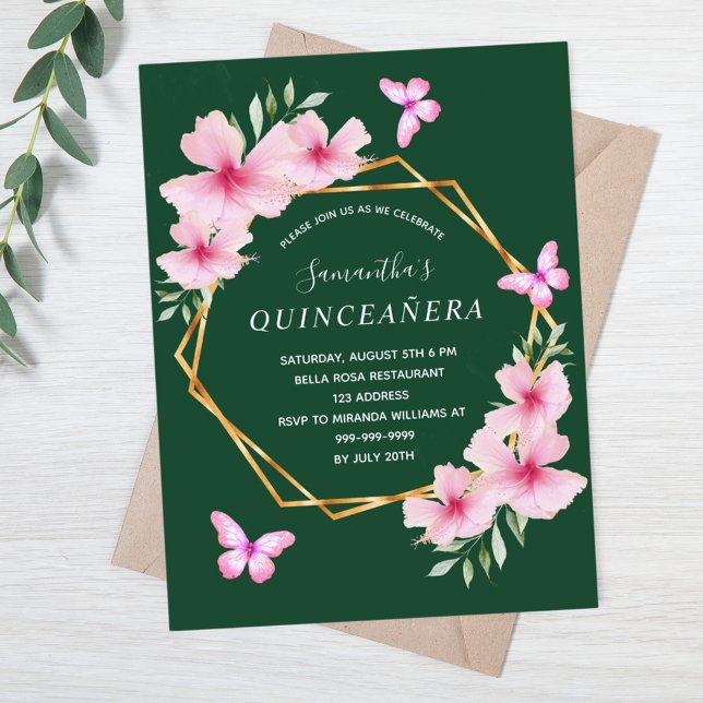 Emerald green pink florals Quinceanera Postcard (Creator Uploaded)