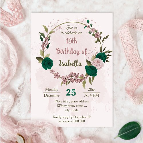 emerald green pink flowers botanical birthday