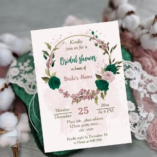emerald green pink flowers botanical bridal shower invitation