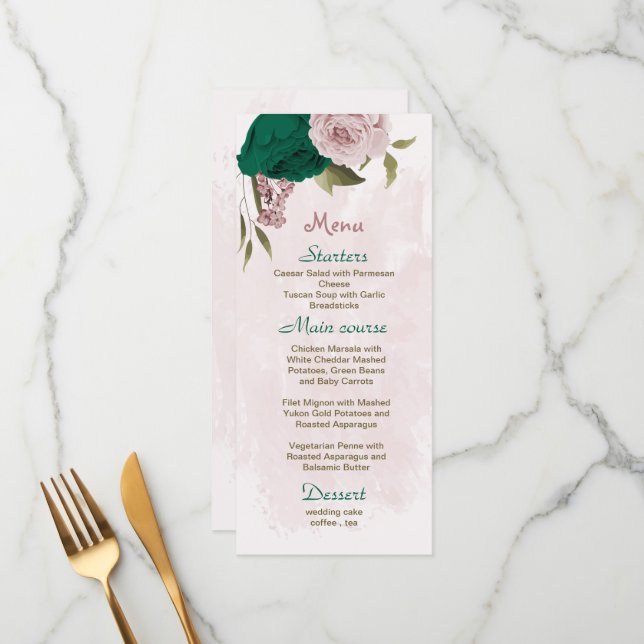 emerald green pink flowers botanical wedding menu (Front/Back In Situ)