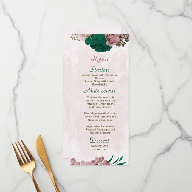 emerald green pink flowers botanical wedding menu (Front/Back In Situ)