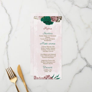 emerald green pink flowers botanical wedding menu