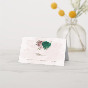 emerald green pink flowers botanical wedding place card