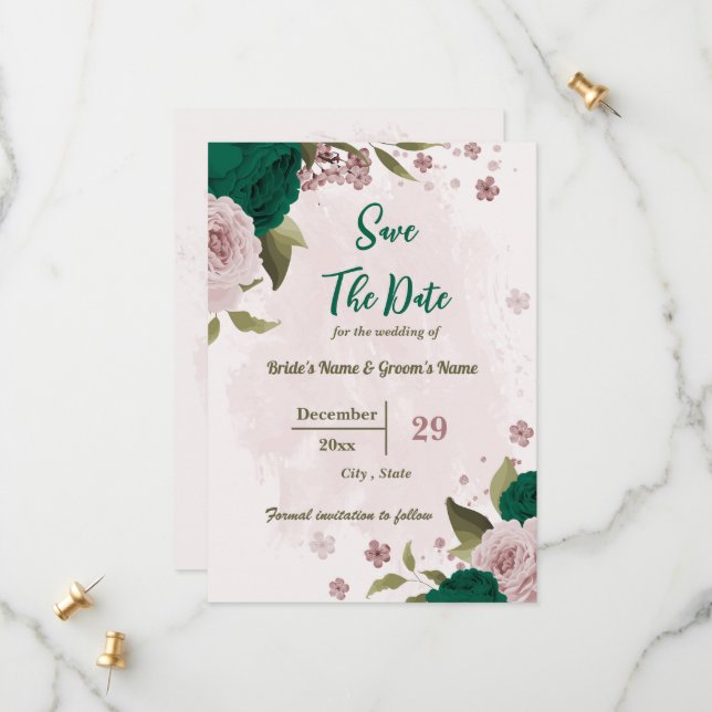 emerald green pink flowers botanical wedding save the date (Front/Back In Situ)