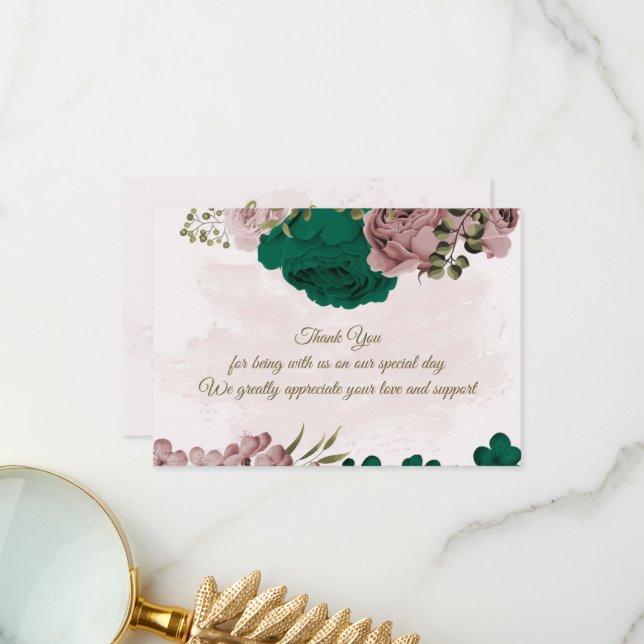 emerald green pink flowers botanical wedding thank you card (Front/Back In Situ)