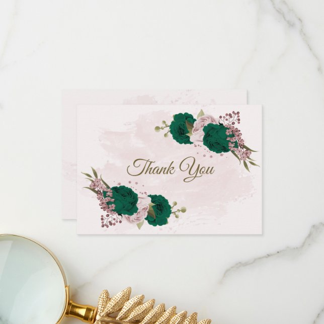 emerald green pink flowers botanical wedding thank you card (Front/Back In Situ)