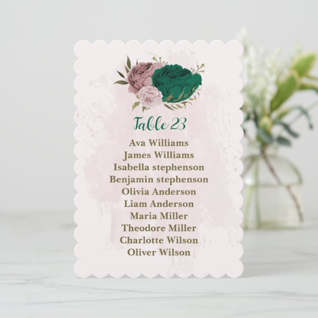 emerald green pink flowers seating chart card (Standing Front)