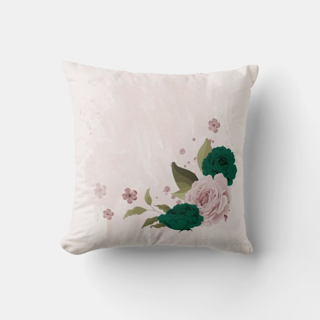 emerald green pink flowers  throw pillow (Front)