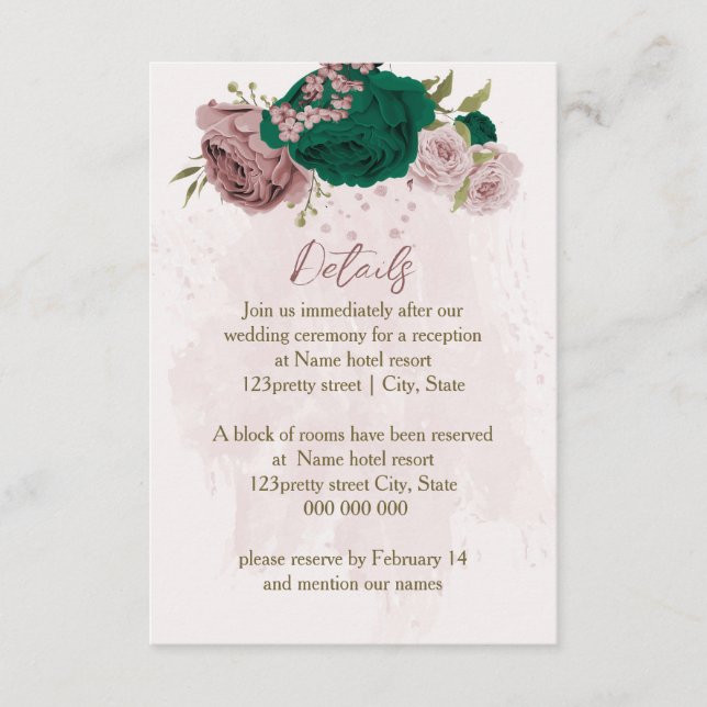 emerald green pink flowers wedding details enclosure card (Front)