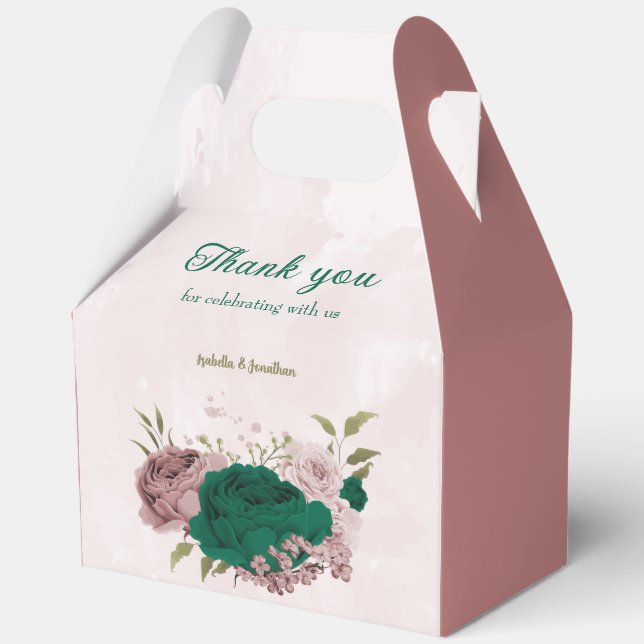 emerald green pink flowers wedding  favor boxes (Front)