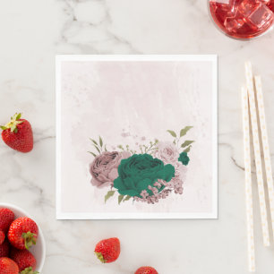 emerald green pink flowers wedding napkins