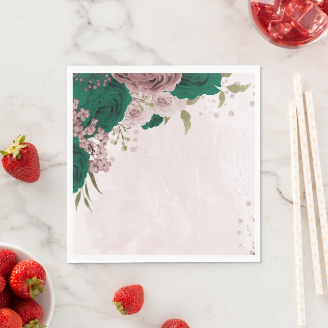 emerald green pink flowers wedding napkins (Insitu)