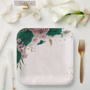 emerald green pink flowers wedding paper plates