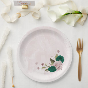 emerald green pink flowers wedding paper plates
