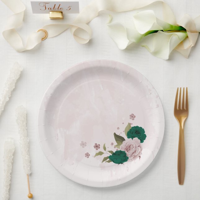 emerald green pink flowers wedding paper plates (Wedding)