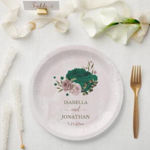 emerald green pink flowers wedding paper plates