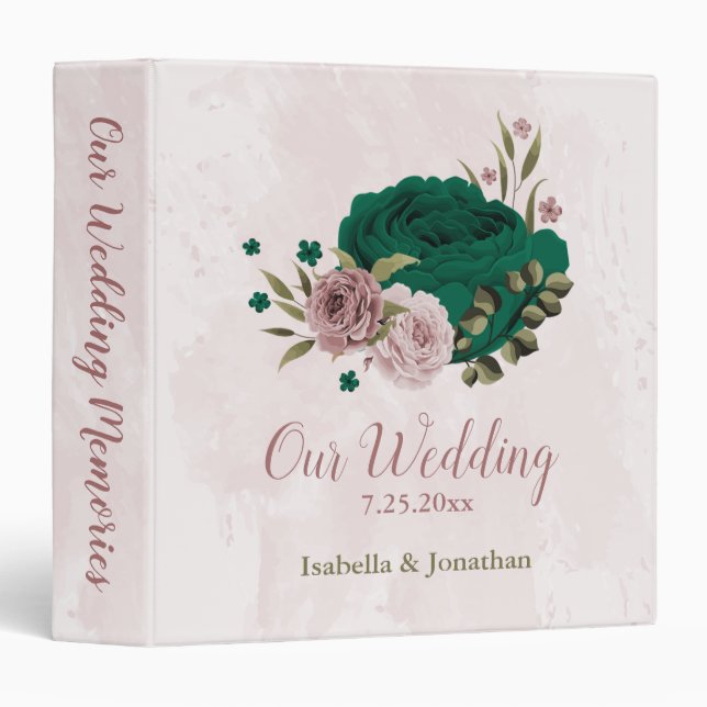 emerald green pink flowers wedding photo album 3 ring binder (Front/Spine)