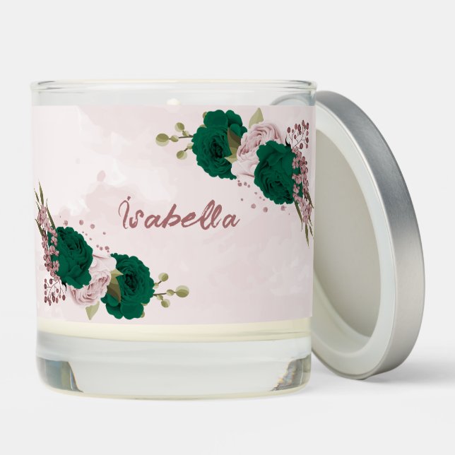 emerald green pink flowers wedding scented candle (Lid)