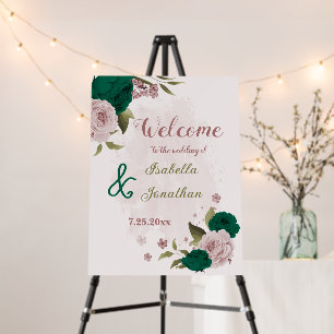 emerald green pink flowers wedding welcome sign