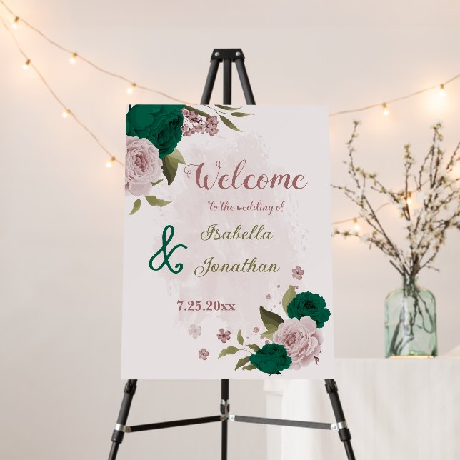 emerald green pink flowers wedding welcome sign (In Situ (Stand))