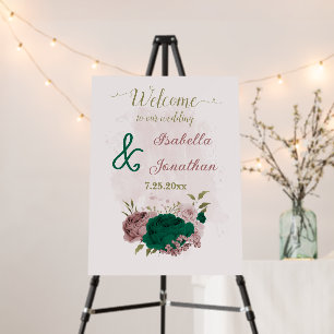 emerald green pink flowers wedding welcome sign