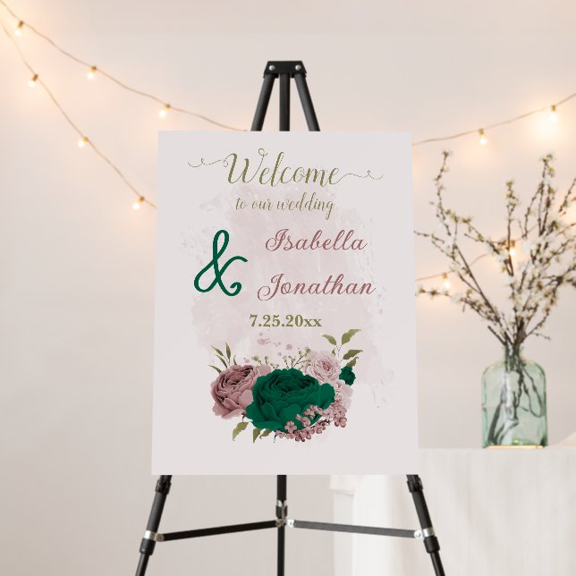 emerald green pink flowers wedding welcome sign (In Situ (Stand))