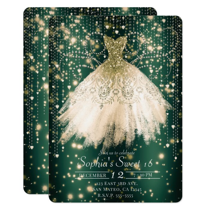 Emerald Green Pink Peach Dress Sweet 16 Party Invitation