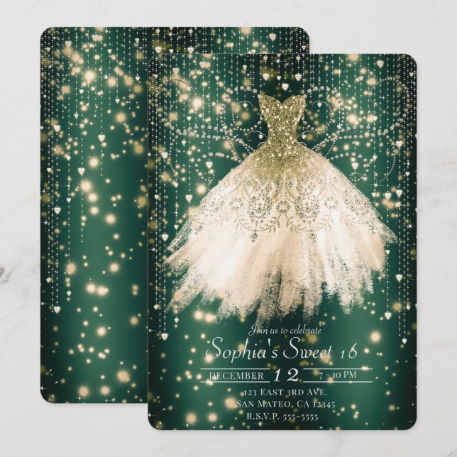 Emerald Green Pink Peach Dress Sweet 16 Party Invitation (Front/Back)