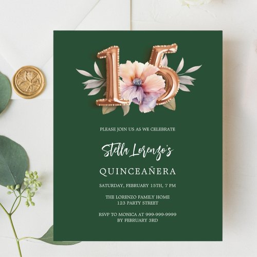 Emerald green pink peach floral budget Quinceanera