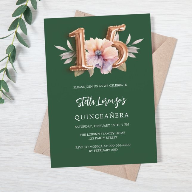 Emerald green pink peach floral Quinceanera Invitation (Creator Uploaded)