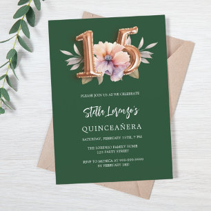 Emerald green pink peach floral Quinceanera luxury Invitation