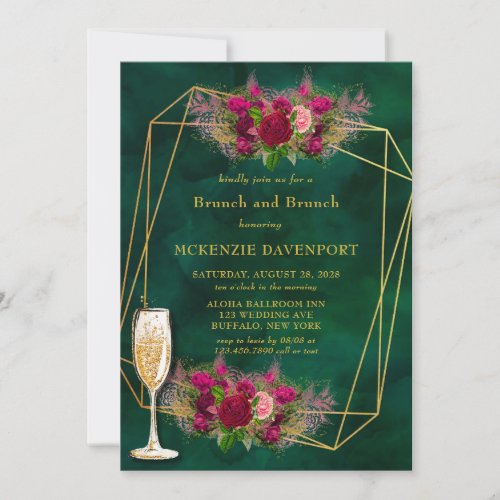 Emerald Green Pink Peony Roses Brunch and Bubbly Invitation