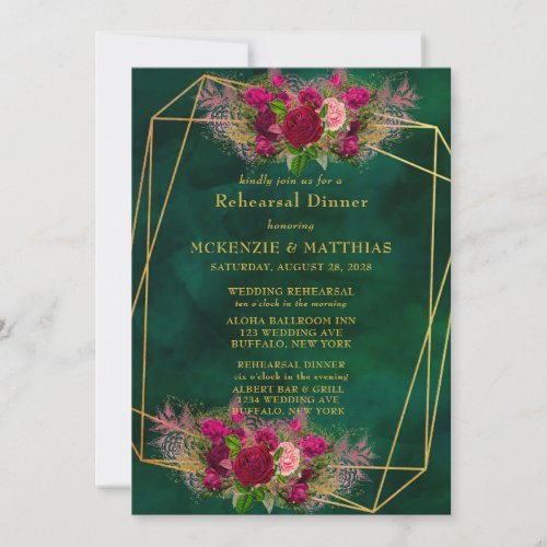 Emerald Green Pink Peony Roses Rehearsal Dinner Invitation