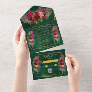Emerald Green Pink Peony Roses Wedding All In One Invitation