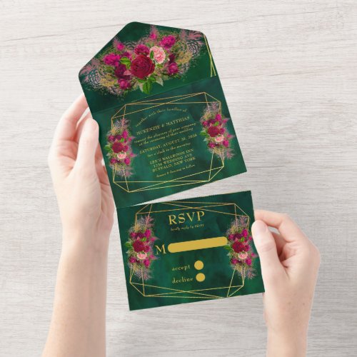 Emerald Green Pink Peony Roses Wedding All In One Invitation