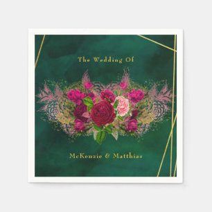 Emerald Green Pink Peony Roses Wedding Napkins