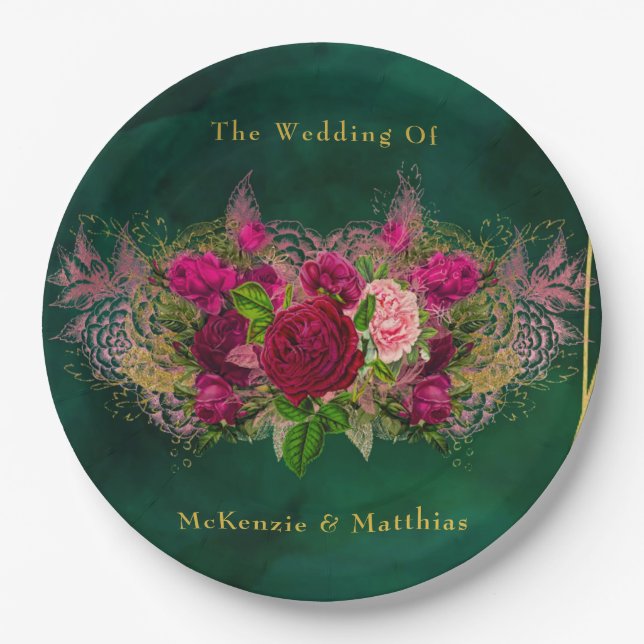 Emerald Green Pink Peony Roses Wedding Paper Plates (Front)