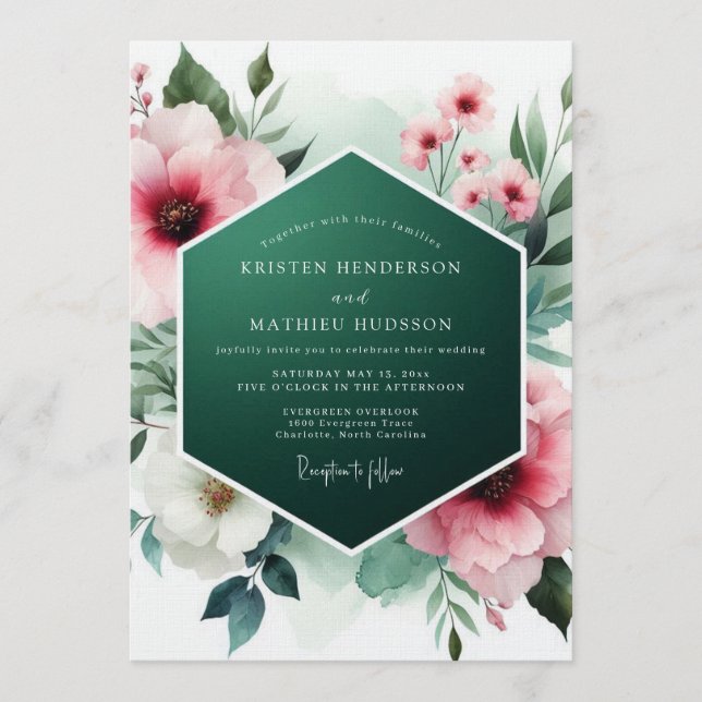 Emerald Green Pink Romantic Spring Wedding Invitation (Front)