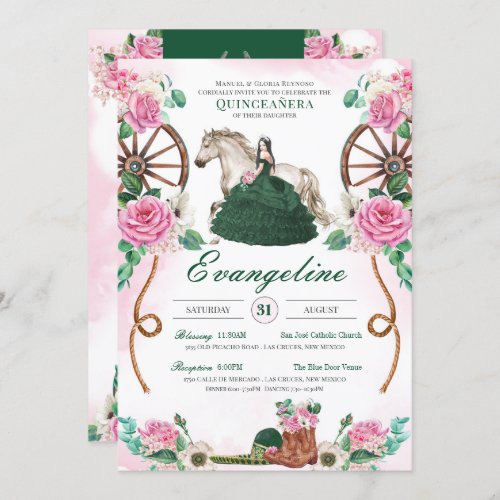 Emerald Green Pink Rose Charro Western Quinceanera Invitation