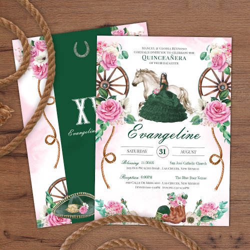 Emerald Green Pink Rose Charro Western Quinceaera Invitation