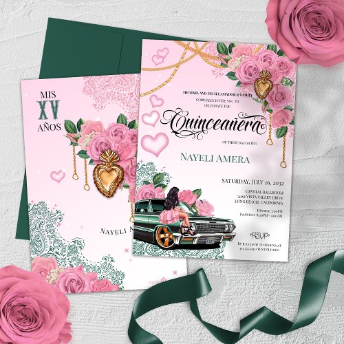 Emerald Green Pink Rose Lowrider Chola Quinceanera Invitation
