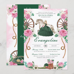 Emerald Green Pink Roses Enchanted Charro Quince Invitation