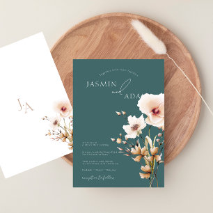 Emerald Green Pink Wildflowers Floral Wedding Invitation