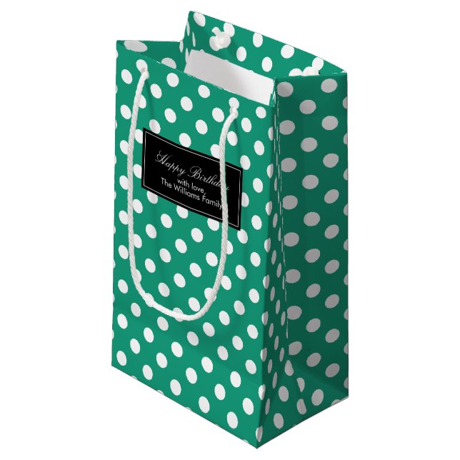Emerald Green Polka Dots Personalized Small Gift Bag (Front Angled)