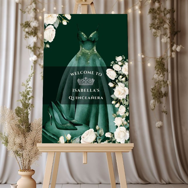 Emerald Green Princess Dress Dark Dramatic Welcome Foam Board (Quinceanera Welcome Sign from the Princess Dress and Roses Quinceanera Collection by Darling & May)