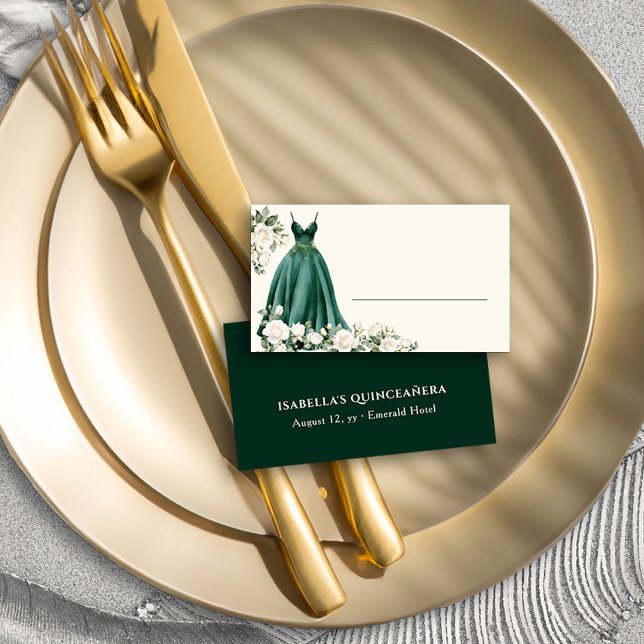 Emerald Green Princess Dress Personalized Place Card (Personalized Place Cards from the Princess Dress and Roses Collection by Darling & May)