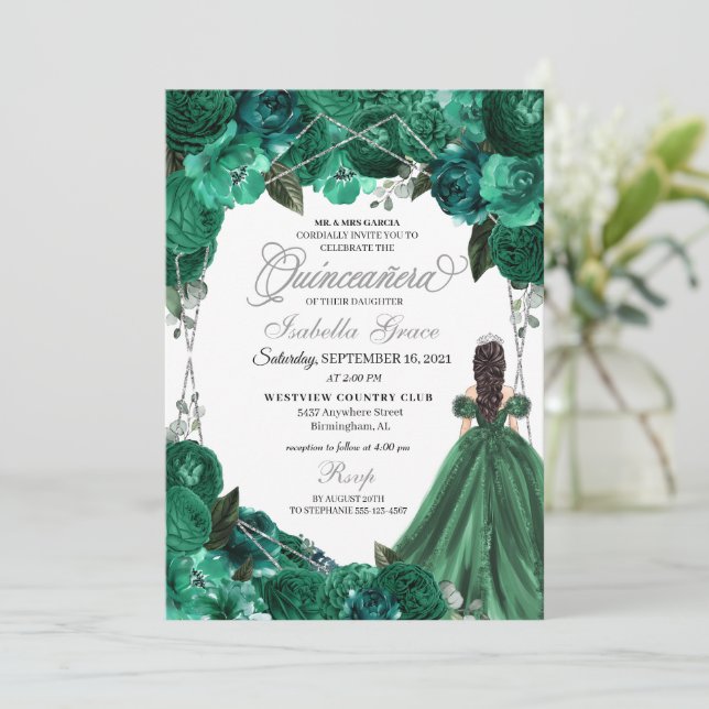 Emerald Green Princess Dress Tiara Quinceanera Invitation (Standing Front)