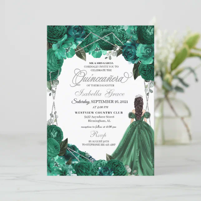 Emerald Green Princess Dress Tiara Quinceanera Invitation | Zazzle